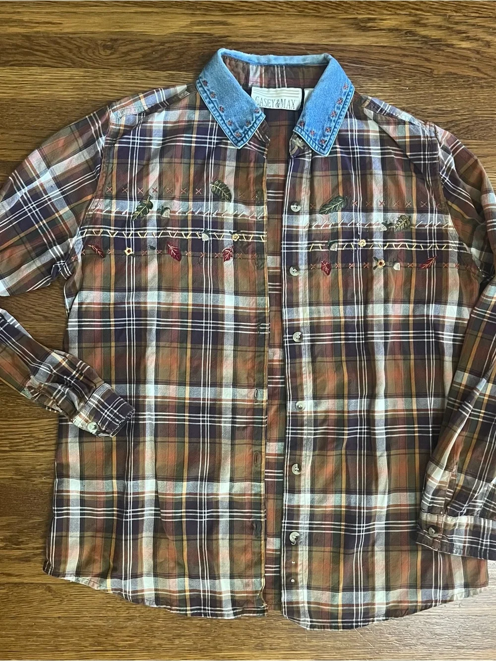 Y2k plaid denim button up shirt Fall western embroidered M S country